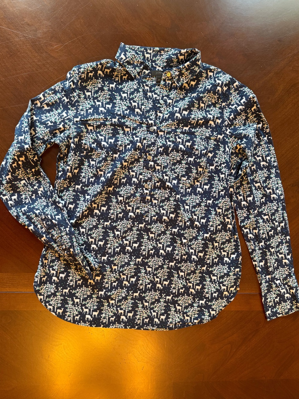 J. Crew Navy Button-Henley Popover Shirt with Woodland Deer & Tree Print size 8T